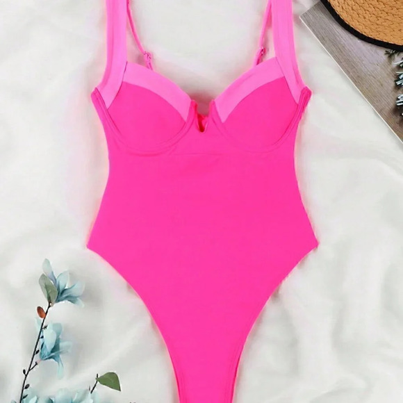Pink Contemporary Women's European Sexy Spliced Color One-Piece Swimsuit - Picture 2 of 6